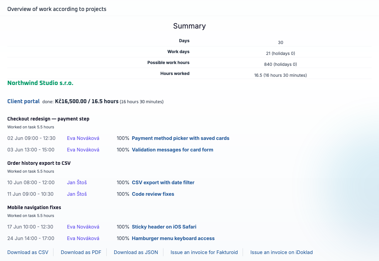 Work overview by project: hours and amount per client, tasks, who did them, buttons to download and invoice
