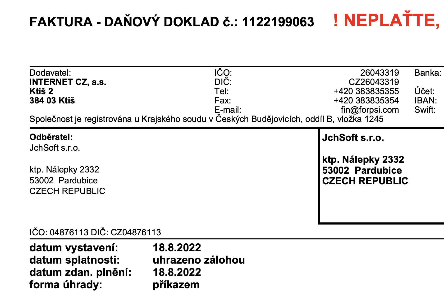 Obrázek reportu pro firmu za měsíc s exportem do Fakturoidu